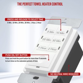 ENERLITES 2-Hour Countdown Timer Switch, 5-10-20-30 Min, 1-2 Hr, for Bathroom Fans, Heaters, Lights, LED Indicator, 120VAC 800W, No Neutral Wire Required, UL Listed, HET06-J-2H-W, White