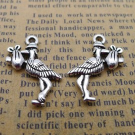 the slippery pearl 5 Stork Charms Baby Shower Favors Antiqued Silver 2 Sided Bird Pendants 24mm