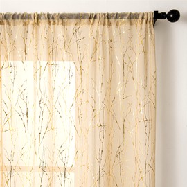 Deeprove Cortinas traslúcidas color beige de 63 pulgadas de largo, 2 paneles de rama, estampado metálico para recámara, sala de estar, decoración abstracta artística de Navidad, juego de pares de tratamiento de ventana, bolsillo para barra, 52 pulgadas d