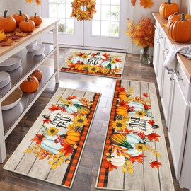HEBE Fall Kitchen Rugs Sets of 3, Non Slip Buffalo Plaid Pumpkin Kitchen Rugs and Mats, Washable Kitchen Mats for Floor, Autumn Kitchen Runner Floor Carpet for Thanksgiving Holiday Decor