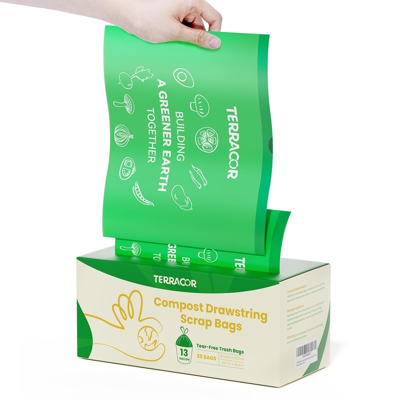 TERRACOR 13 Gallon Compostable Trash Bags Drawstring, Heavy Duty Extra