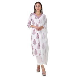 Ladyline Women's Ethnic Jaipuri Printed Salwar Kameez - Hand Work with Chiffon Printed Dupatta (CPESK RCMA) (38/ Off-White-Pink)