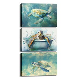LYUNSHUO 3 Piece Turtle Wall Art Bathroom Wall Decor Sea Creature Canvas Prints Funny Turtle in Bathtub Picture Ocean Theme Painting Modern Artwork Home Decor Frame(Art-1,11.00"x14.00"x3P)