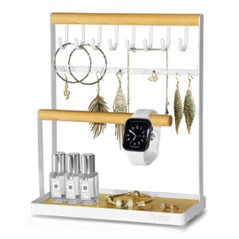 Thrarise Jewellery Display Stand Necklace Stand with Tray for Necklace Bracelet Ring Watch Jewelry All Kinds Iron Stand Wooden Bars White