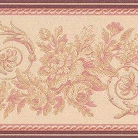 CONCORD WALLCOVERINGS ™ Classic Wallpaper Border Featuring Rosé Flowers Leaves Plants on a Beige Background, Colors Pink Yellow, Size 6 Inches by 15 Feet 31616380