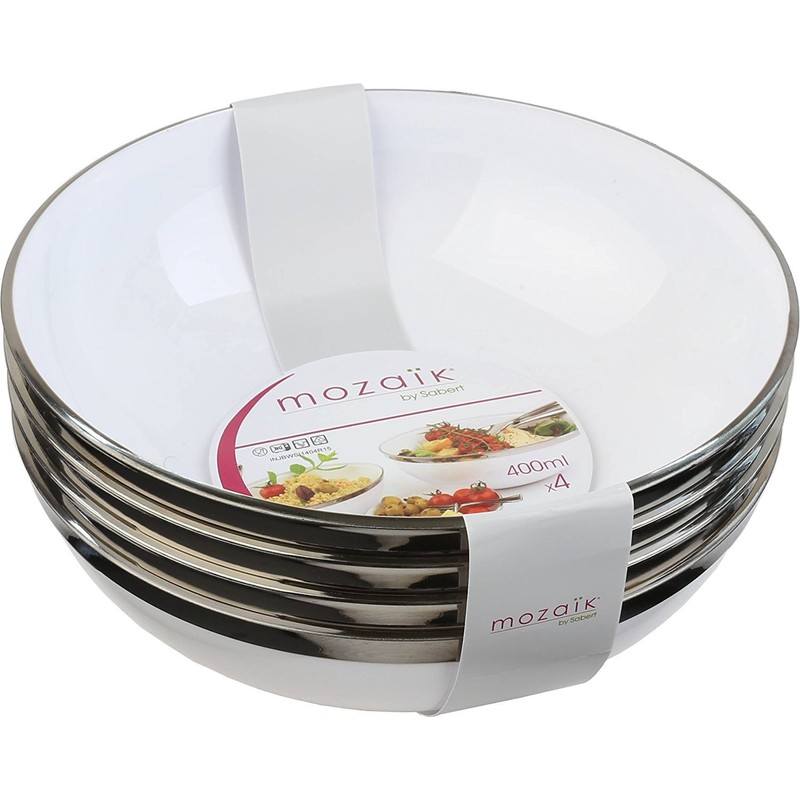 Mozaik 4 White Small Silver Rim Plastic Bowls 14cm (400ml)