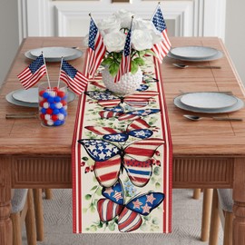 XCHI Watercolor America Stars Butterflies Eucalyptus Leaves Patriotic 4th of July Memorial Day Independence Day Table Runner Decoration for Home Kitchen Holiday Party 13x90 Inch