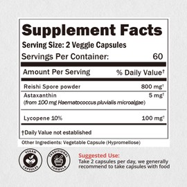 Lycopene 100mg + Astaxanthin 5mg with Reishi Spore, Supplement for Skin Health and Immune Support, 100% Natural Astaxanthin from MicroAlgae and Natural Tomato Extract, 120 Veggie Capsules