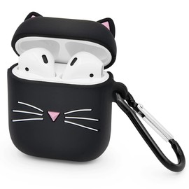 LIUKE Niedliche Airpods-Hülle, Airpods 2-Hülle, Schwarze Whisker-Katze Kitty, lustiges 3D-Cartoon-Tier, stoßfest, weiche Silikonhülle mit Karabiner für Airpods der 1. und 2. Generation