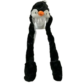 Penguin Cartoon Hat Winter Fluffy Plush Long Mitten Cap Earmuff Long Pawn