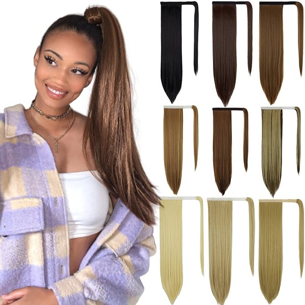 28" Straight Ponytail Extensions Synthetic Hair Clip in Hairpiece for Women