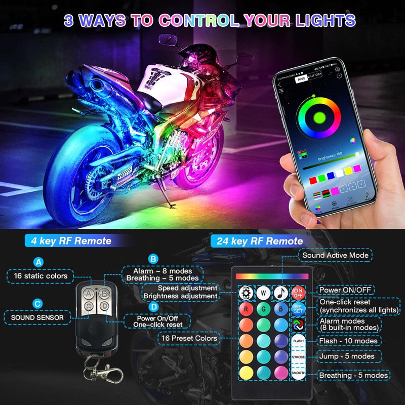 LD DARKEAGLE 8PCS Segmented Motorcycle LED Lights Kit with Brake