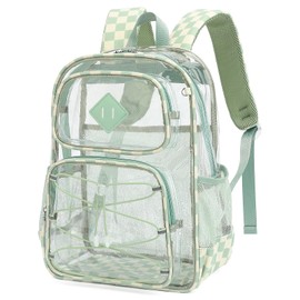 Lreneilu Clear Backpacks for Girls Women, Heavy Duty PVC Transparent Back Pack See Through Boys Kids Clear Bookbags for School Checkered Green