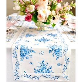 Solino Home Blue Spring Floral Table Runner 48 inch - 100% Pure Linen Table Runner 14 x 48 Inch for Easter, Mothers Day, Summer - Handcrafted and Machine Washable - Jolie Fleur Print