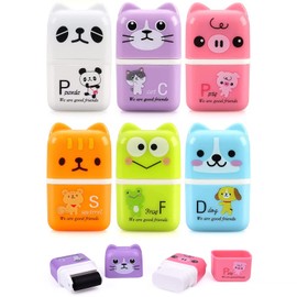SAYEEC Cute Pencil Erasers, 6 Pack Cartoon Animal Themed Erasers with Cover and Roller, Removal Pencil Eraser Shaving Roller Case Eraser for School Office Stationery Supply Party Gift