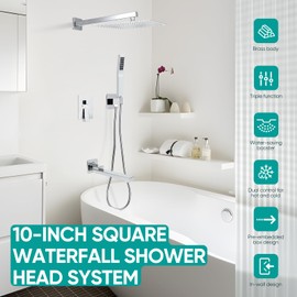 Shower Faucet Set, Rain Shower System Tub Shower Faucet, Wall Mounted Shower Fixtures,Solid Brass Pressure Balancing Shower Mixer Valve 10 Inch Polished Chrome (With Shower Valve)