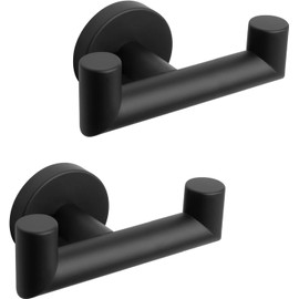 QNIIAED 2 Pcs Double Door Hooks，Bathroom Towel Hooks Screw in SUS 304 Stainless Steel Heavy Duty Robe Coat Hooks Wall Mounted for Bedroom or Kitchen(Matte Black)