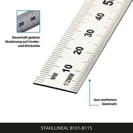 hedue® Steel Ruler 300 mm, B103 - Steel Ruler with Millimetre Scale, Rustproof Stainless Steel Ruler, Robust Metal Ruler