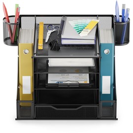 EVOOMI 5 Tier Mesh Desk Organizer PLUS - The Upgraded Time, Space & Sanity Saving Desktop Organizer System for Productivity Success - Ideal Pencil File Paperclip Post It Holder Mail Folder Organizer