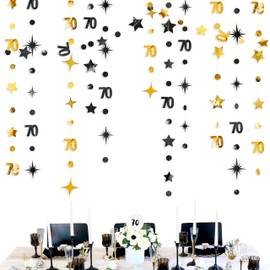 Black Gold 70th Birthday Decorations Number 70 Circle Dot Twinkle Star Garland Metallic Streamer Bunting Banner Backdrop for Women Mens Cheers to 70 Years Old Birthday 70th Anniversary Party Supplies