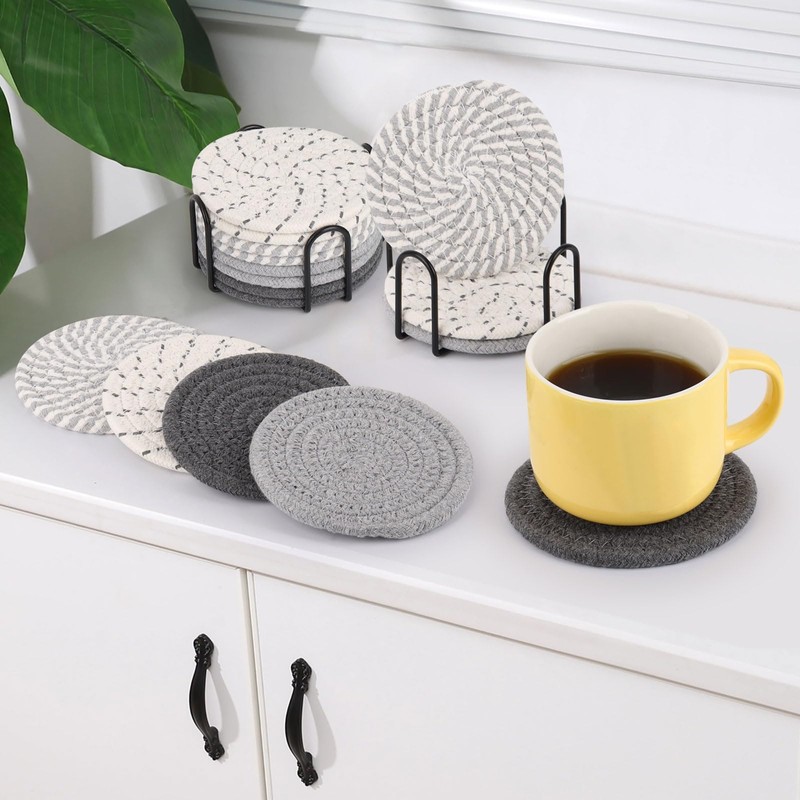 BTYMS 16Pcs Grey & Linen Woven Drink Coasters Set with