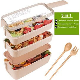 Lunch Box, Fiambrera Bento Box de Almuerzo Contenedor Bundle Divider Estilo,Con Una Bolsa de Almuerzo,900 Ml 3 Pisos, Lonchera Contenedor Cubiertos Incluidos, Eco Friendly (Caja Almuerzo Verde+Beige)