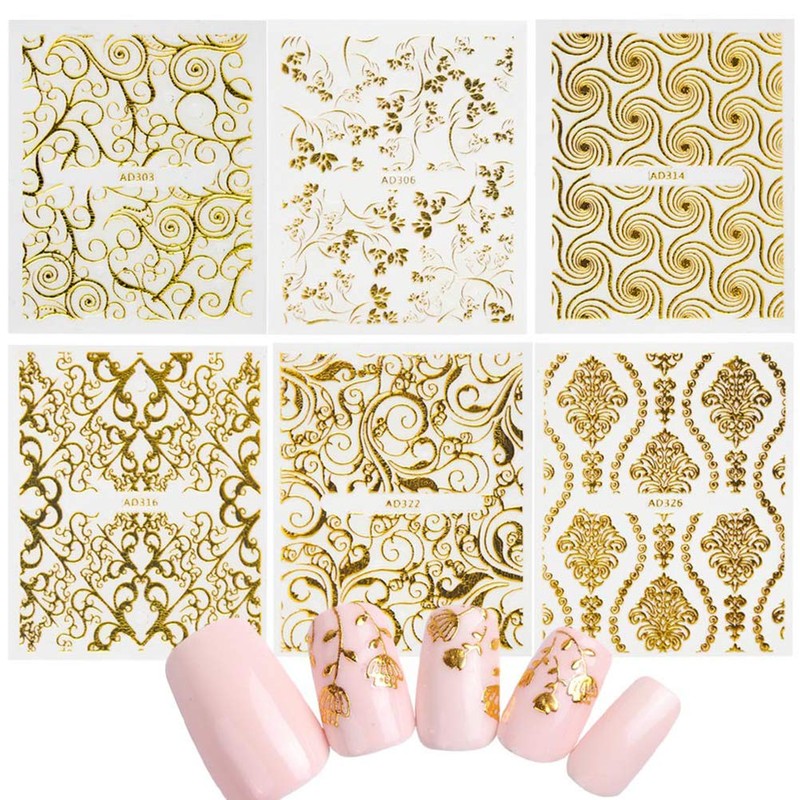 Frcolor Nail Stickers 3D Nail Sticker Set Lace Flower Gold