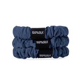 THXSILK 100% 25 Momme Pure Mulberry Silk Hair Scrunchies 3 Pcs Cute Ring Ties Small Scrunchies Soft Smooth for Girls Women's Thick Hair Protection, Navy Blue
