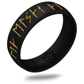 Knot Theory Viking Silicone Ring - Yours Always in Rune Characters with Gold Inlay - Black Size 7 6mm Breathable Comfort Fit - Valentine's Engagement Wedding Band