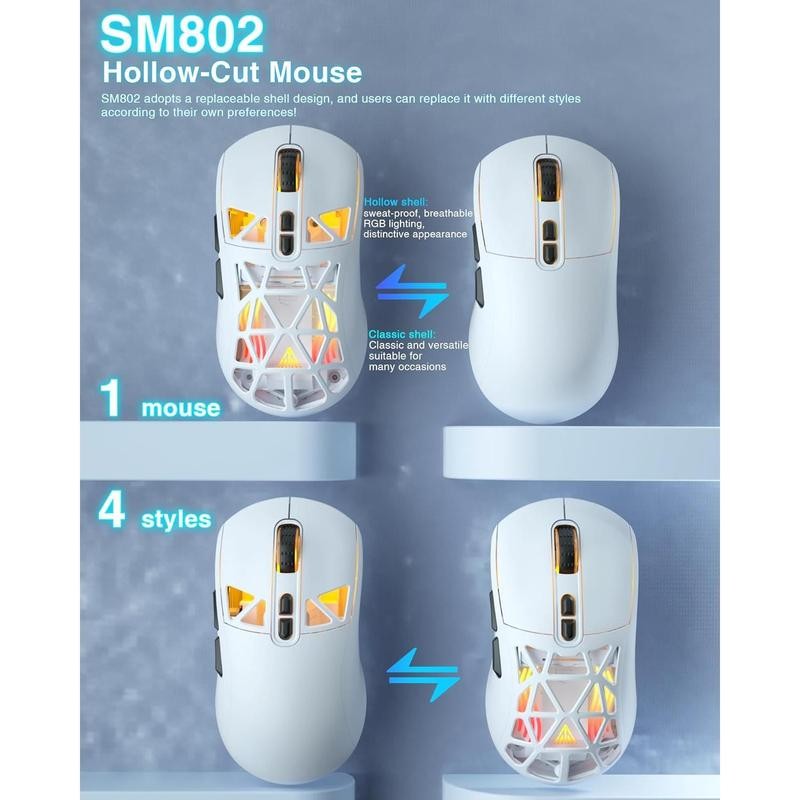 SM802 White Wireless Gaming Mouse 10000 DPI Tri-Mode Wired/BT 5.0/2.4GHz