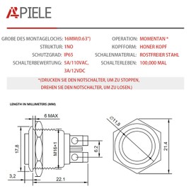 APIELE (Pack of 2) 16mm Momentary Push Button Switch High Round Cap Waterproof Stainless Steel High Flush Screw Terminals 250V AC 5A 12V 36V DC 2A 1NO SPST