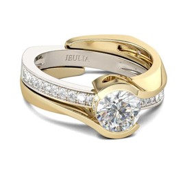 JEULIA 2.5 Carat Asymmetric Rings Women Round Cut Diamond Ring Set 14k Gold Plated Cubic Zirconia Engagement Rings Anniversary Promise Romantic Jewelry Gift (5.5)