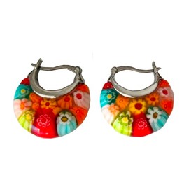 Murano Style Glass Hoop Earrings for Women Multicolored Dry Flower Moon Earrings Classic Stainless Steel Jewelry Gift for Her (red)