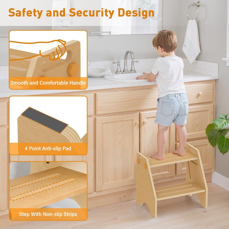 Toddler Step Stool, Wooden Height-Adjustable 2 Step Stool for Kids,