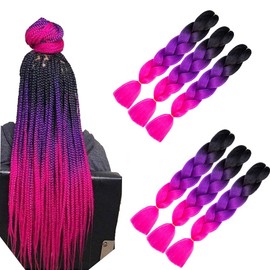 6 Packs Ombre Jumbo Braiding Hair, Afro Braiding Hair Extensions for Box Braid Crochet Twist Hair Extensions for Braiding (Black-Purple-Rose Red)