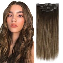 Sunny Clip in Hair Extensions Real Human Hair Hair Chocolate Brown Ombre Brown with Caramel Blonde Highlights Extensions Clip in Human Hair Balayage Clip on Extensions 20inch 120g 7pcs