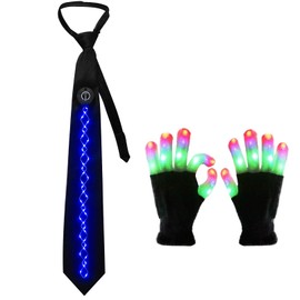DreamsEden LED Finger Light Gloves & Flashing Necktie Set - Light Up Glowing Rave Party Accessories for Concerts & Festivals
