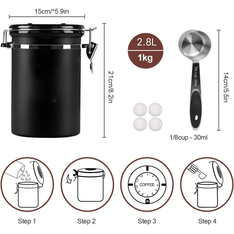 Coffee Canister, 2.8L Sealed Stainless Steel Kitchen Food Storage Container