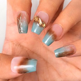 Sethexy French Blue Handmade Press on Nail Medium Coffin Rhinestone Natural Glossy Fake Nail Salon Acrylic False Nail for Women and Girls 10PCS (L)