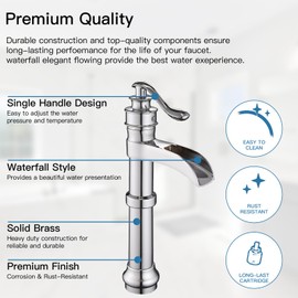 Chrome Vessel Sink Faucet Single Handle Waterfall Bathroom Faucet with Pop Up Drain Assembly and Supply Hose Lead-Free Lavatory Mixer Tap Deck Mounted Solid Brass