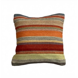 Second Nature Online - Ketty Kilim Cushion Cover | Ethnic Throw Pillow Cover | Stripes Design | Handmade | Wool & Cotton | 45x45 cm (Multicolour)