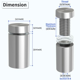 LuckIn 50-Pack Standoff Screws (1/2 in. Dia x 3/4 in. L), Stainless Steel Standoff Mounting Hardware for Acrylic Signs, Silver