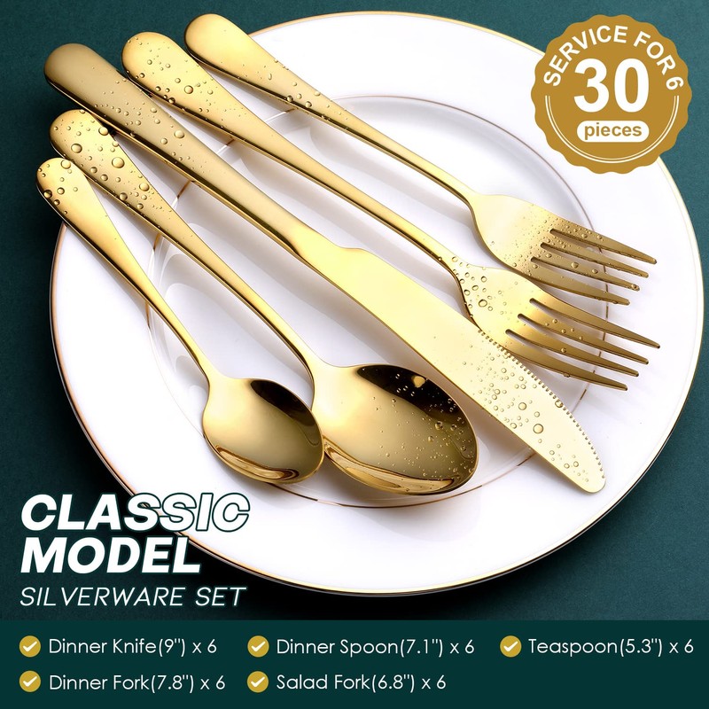 Gold Silverware Set, OGORI 30-Piece Gold Forged Stainless Steel Flatware