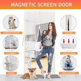 YRH Magnetic Fly Screen Door with Stay Open Buckles - Heavy Duty Self-Sealing Mesh, No Drill Installation,Powerful Magnets,Full Frame Magic Tape (120x220 cm, White)