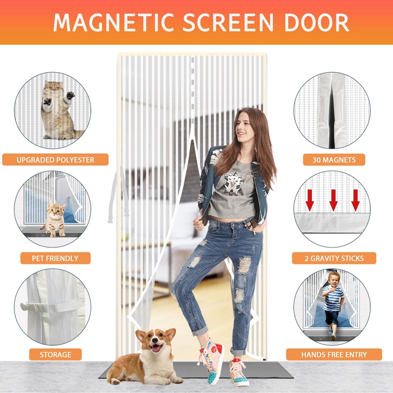 YRH Magnetic Fly Screen Door with Stay Open Buckles -