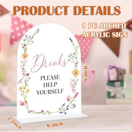 Drinks Please Help Yourself Sign - Wildflower Baby Shower Sign, 1 Pack Arch Acrylic Sign with Stand, Gender Reveal Party Table Decor, Floral Baby Shower Supplies (SE31)