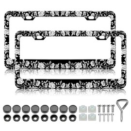 Black White Flower License Plate Frames - 2 Pack Beautiful Floral Stainless Steel License Plate Holder,Rust-Proof Waterproof Car Decorative Tag Frames with Screws Fasteners Caps