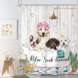 SVBright Funny Dog Shower Curtain 60Wx72L Inch Farmhouse Vintage Cute Animals Puppy Shower Wooden Plank Bubbles Rustic 12 Pack Hooks Polyester Waterproof Fabric Bathroom Bathtub Panels