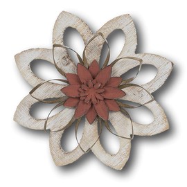 Gerson Large Beautiful Distressed Whitewashed Rustic Red Flower Metal and Wood Wall Decor 10 inches