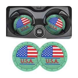 AUCELI 2 Pack Car Cup Holder Coasters, Colored American Flag US Flag Insert Car Cup Coaster, 2.75 Inch Anti Slip Shockproof Embedded Drink Mat, Vehicle Interior Decor Accessories (Light Green/USA)